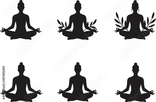 Meditating woman silhouettes in lotus position with leaves – yoga and mindfulness vector illustrations – peaceful wellness icons