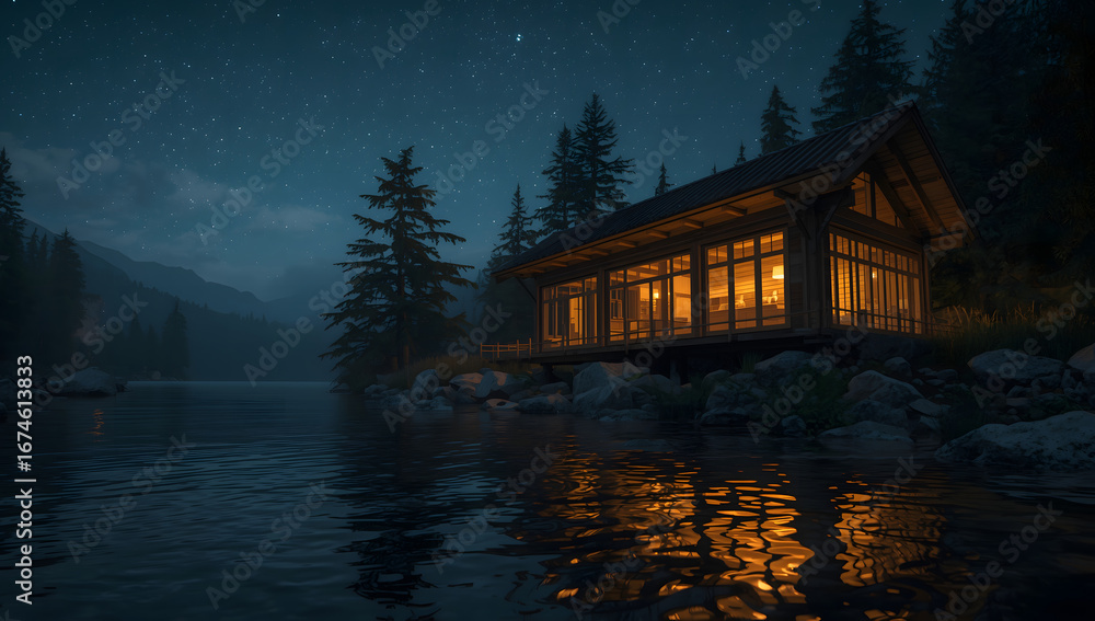 Fototapeta premium A cozy cabin illuminated at night, reflecting in the tranquil lake water, under a starry sky.