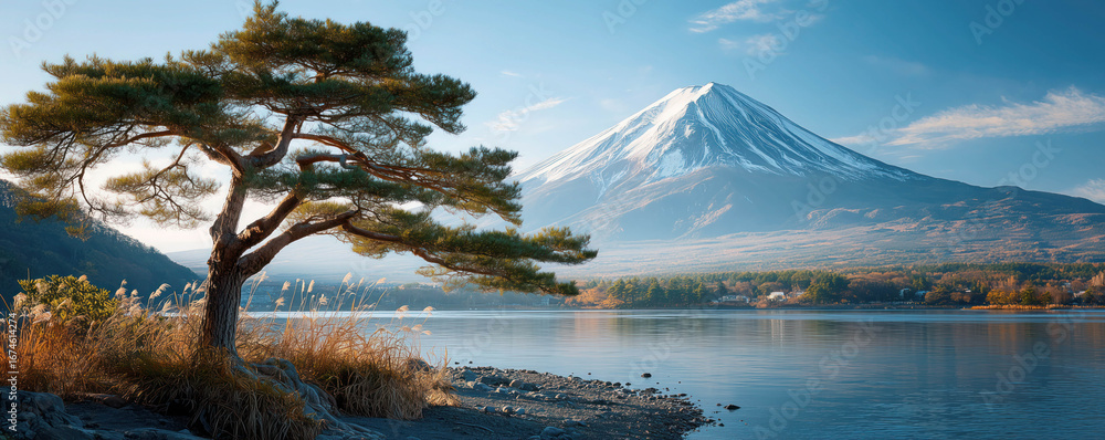 Fototapeta premium Panoramic view with mountain in sunlight under blue sky. Pine tree rounding by reed near the lake.