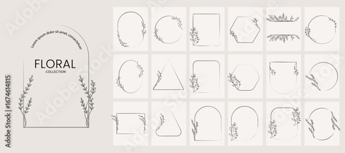 Set of hand drawn floral logo elements. Boho wedding herb, leaves, and frames collection. Vector illustration.