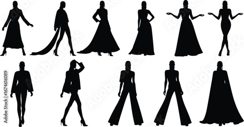 Women fashion silhouettes in elegant gowns and pantsuits, high heels, confident poses, runway models, black vector illustrations, stylish looks