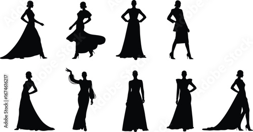 Elegant women fashion silhouettes, evening gowns and dresses, high heels, stylish female models, runway poses, black vector illustrations