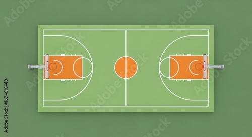 Modern Basketball Court with Green and Orange Layout in an Aerial Top Down View