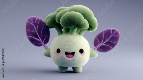 Happy Kohlrabi Vegetable Holds Purple Leaves, Adorable Kawaii Design