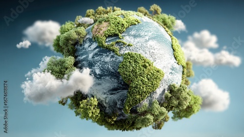 Green Earth Model With Clouds, Showing Continents Like North America