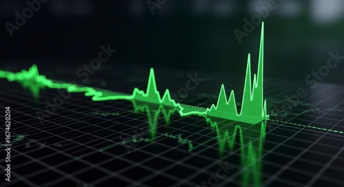 Glowing Green Digital Line Graph Showing Market Volatility on a Dark Grid Background