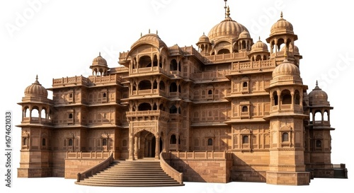 Majestic Sandstone Palace with Traditional Indian Architecture Isolated on White Background