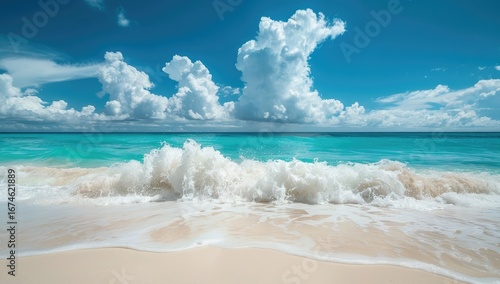 Fototapeta Naklejka Na Ścianę i Meble -  Tropical beach wave crashing on white sand, turquoise ocean, sunny sky, vacation background