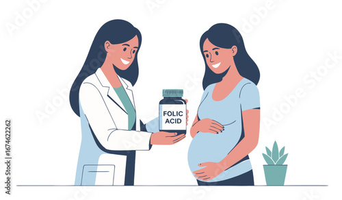 Doctor presenting folic acid supplement to pregnant woman with a happy expression in a minimalistic style, isolated on transparent background