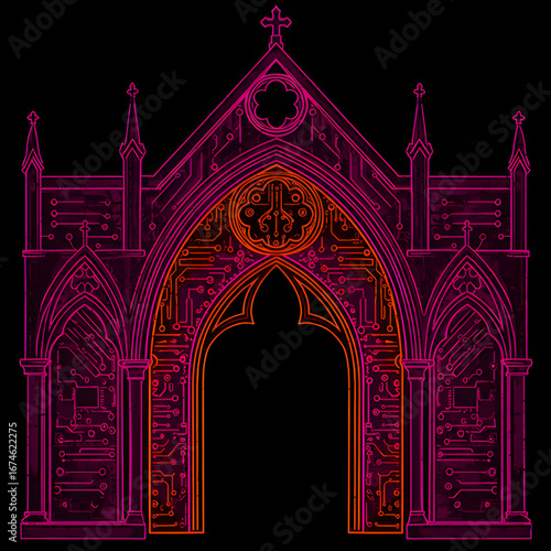 Vector gothic archway with neon magenta and orange circuit patterns