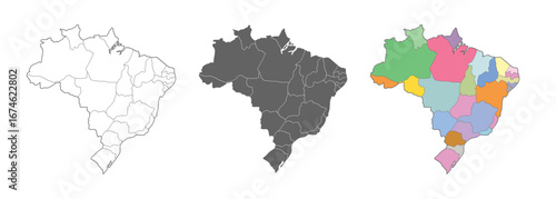 Brazil map vector set. Outline, silhouette, and political regions illustration.