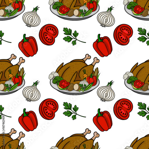 Seamless vector pattern featuring a roasted turkey surrounded by Thanksgiving vegetables like bell peppers, onions, tomatoes, and broccoli, creating a festive and appetizing design ideal for autumn...