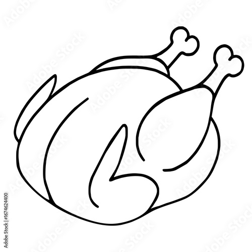 A simple vector illustration of a roasted chicken, viewed from above, showcasing a minimalist line art style perfect for Thanksgiving or holiday-themed designs.