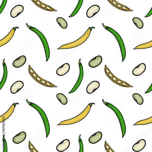 Seamless vector pattern featuring a playful arrangement of green and yellow beans and individual beans, ideal for Thanksgiving or harvest-themed designs.