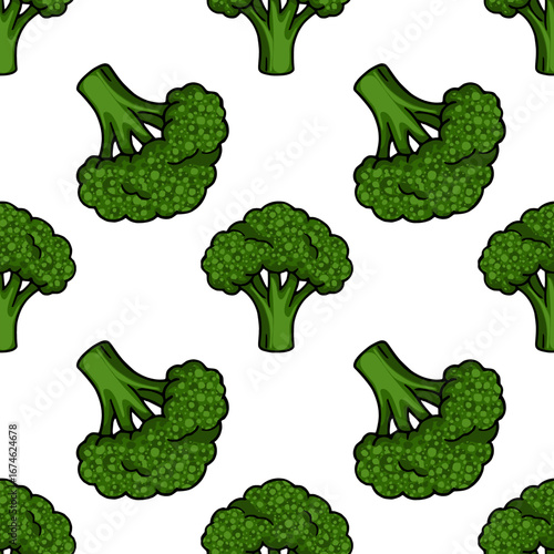 Seamless vector pattern of hand-drawn broccoli florets in vibrant green hues, featuring a unique dotted texture and varying orientations for a lively, healthy food design.