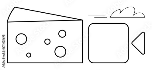 Cheese slice with circular holes alongside a camera icon and cloud. Ideal for food production, video creation, creativity, storytelling, digital content, media, entertainment, simple flat metaphor