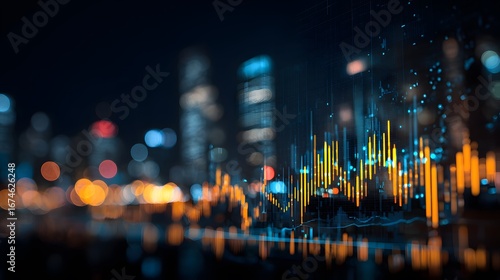 Financial Stock Market Trading Chart with City Lights Background
