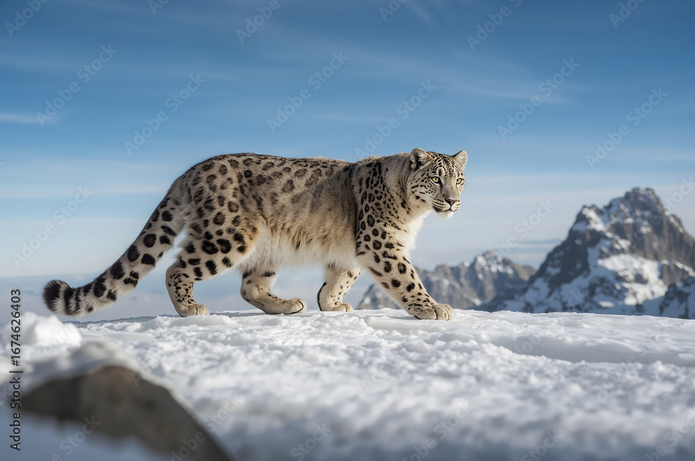 Fototapeta premium Snow leopard walking on a snowy mountain ridge under a clear blue sky big cat wild animal