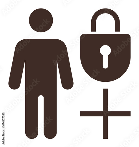 Human figure paired with lock and plus sign symbolizing data privacy, access control, and authorized inclusion. Ideal for cybersecurity, personal safety, user rights, protection, encryption