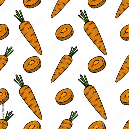 Seamless vector pattern featuring hand-drawn illustrations of vibrant orange carrots and their cross-sections, creating a cheerful and appetizing design ideal for culinary or healthy lifestyle bran...