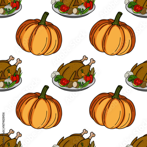 Seamless vector pattern featuring roasted turkey with assorted vegetables and pumpkins, ideal for Thanksgiving-themed designs, showcasing a hand-drawn style with vibrant autumnal colors.