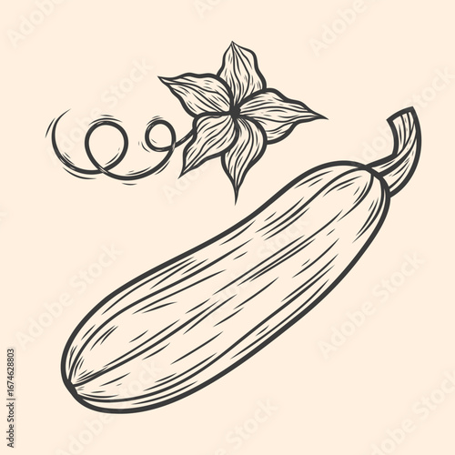 Hand-drawn vector illustration of zucchini. Vegetable line art, detailed designs, food and natural product branding, packaging, and decorative elements. Isolated black and white sketch style