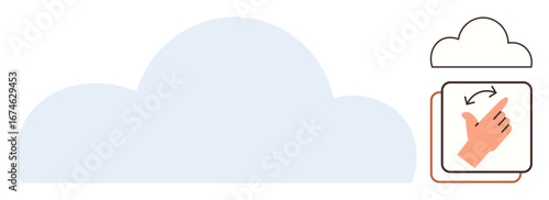 Large cloud with adjacent hand swipe icon, depicting virtual interaction, cloud storage, data transfer, and intuitive design. Ideal for cloud computing, gesture control, user experience, data