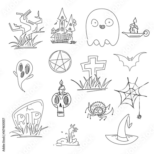 Hand-drawn Halloween doodle set with haunted house, ghost, pentagram, gravestones, and spider web. Ideal for Halloween-themed projects, greeting cards, and decorations. Isolated on white background