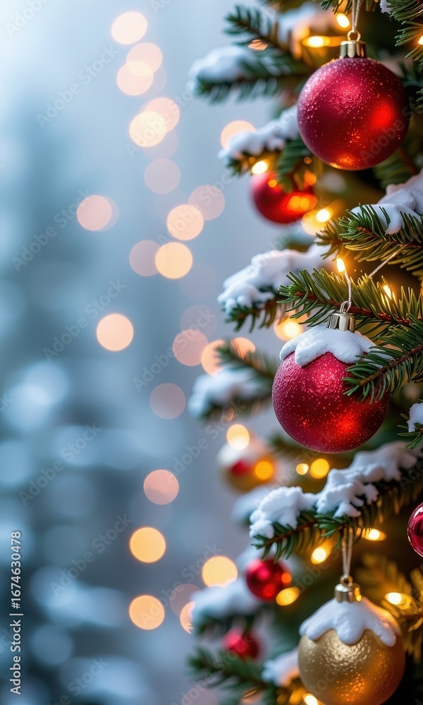 Obraz premium Festive Christmas background with twinkling lights, ornaments, and snowy pine branches, ornaments, christmas