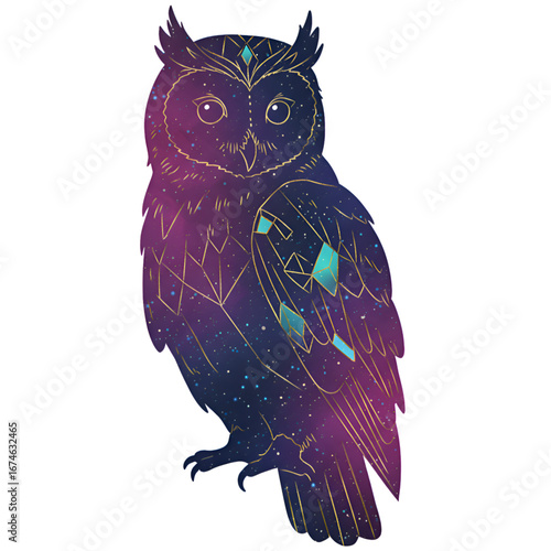 Mystical geometric owl with cosmic nebula patterns and teal gemstones