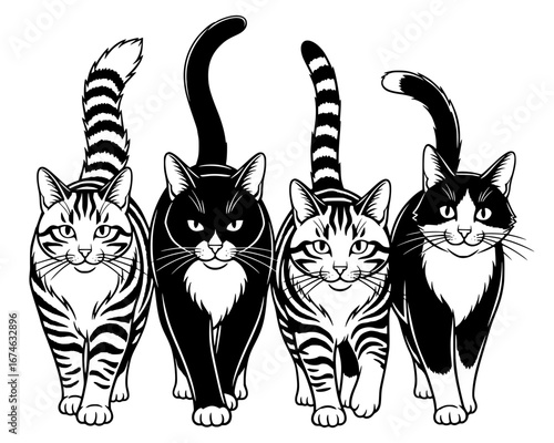 Group of Four Black and White Cats Walking Together SVG