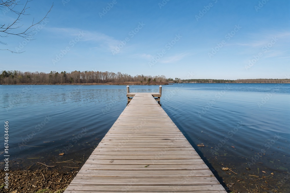 Fototapeta premium Tranquil Wooden Dock Extending into a Calm Lake