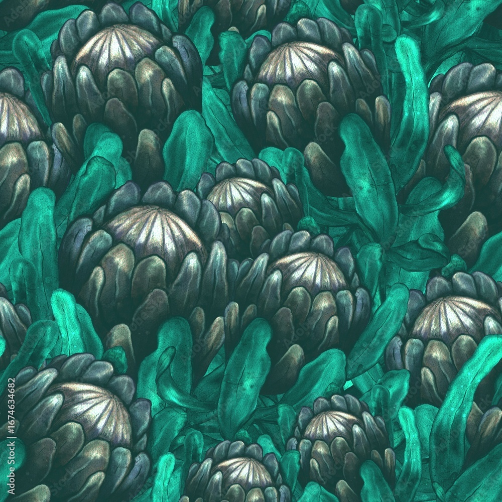 Obraz premium Moody Gothic Protea Seamless Pattern, Dark Fantasy Floral with Metallic Silver Flowers and Emerald Leaves, Luxury Botanical Texture.