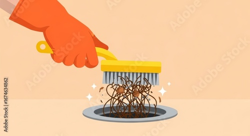 Gloved Hand Cleaning a Clogged Drain Full of Hair with a Yellow Brush Illustration