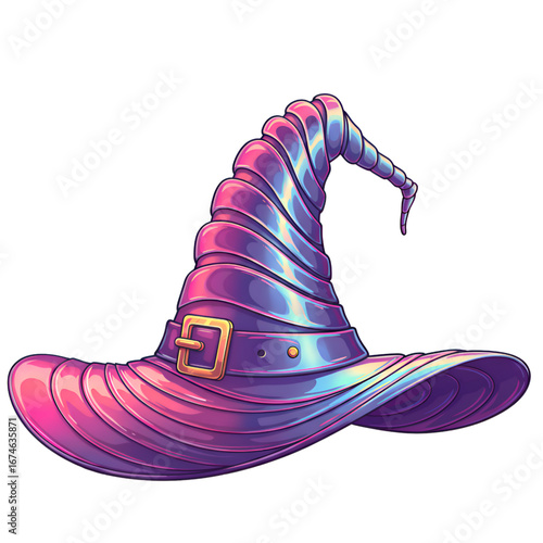 Whimsical iridescent witch hat with golden buckle and swirling textures