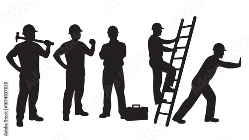 Worker man silhouette collection for Labour Day. Construction and professional poses vector set.
