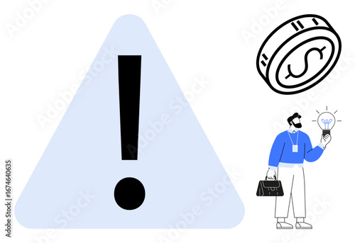 Exclamation mark in triangle beside a floating coin and a businessman holding a lit bulb. Ideal for business ideas, finance, warning, risk assessment, innovation, problem-solving, simple flat