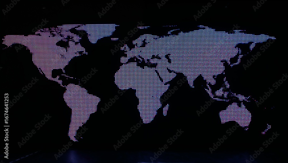 Fototapeta premium Displaying dotted world map on LED display screen at dark stage, with gradient lights