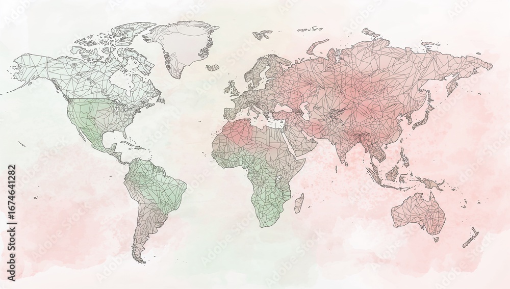 Obraz premium Displaying stylized wireframe world map on digital canvas with polygon mesh and watercolor wash