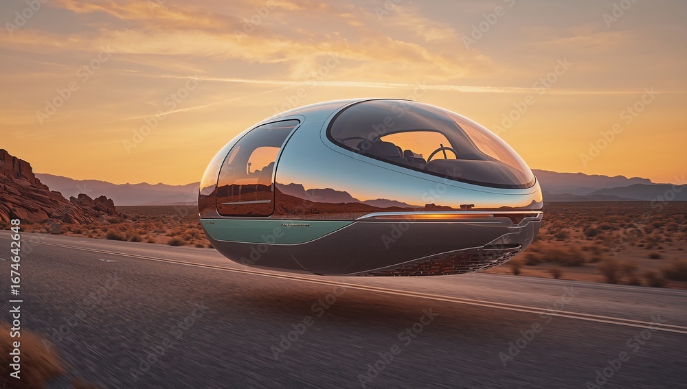 Obraz premium Gliding hover pod mirroring sunset hues above two-lane highway, with desert shrubs, rocks, mesas