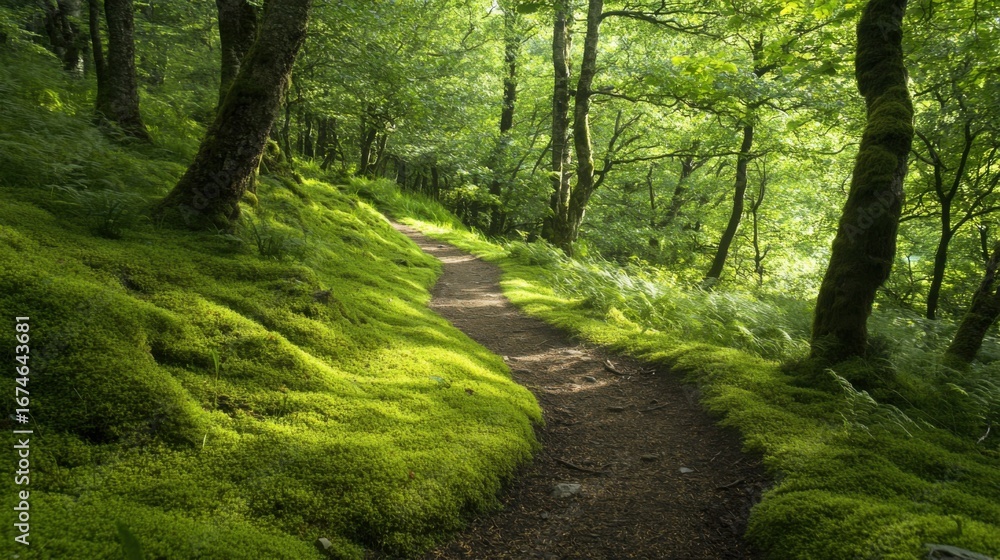 Obraz premium Serene forest pathway surrounded by vibrant greenery and lush moss