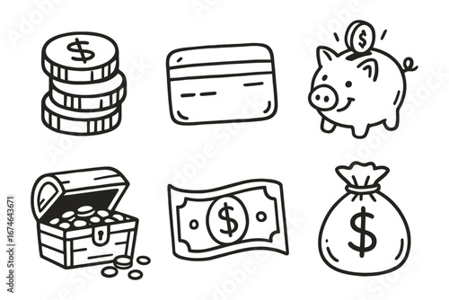 Hand-drawn financial icon set with piggy bank, coins, credit card, cash, money bag, and treasure chest symbols