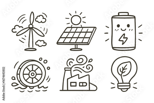 Hand-drawn eco energy icon set including wind turbine, solar panel, battery, hydro power, factory, and green light bulb