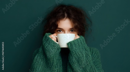 Cozy Woman in Green Sweater Holding White Coffee Mug
