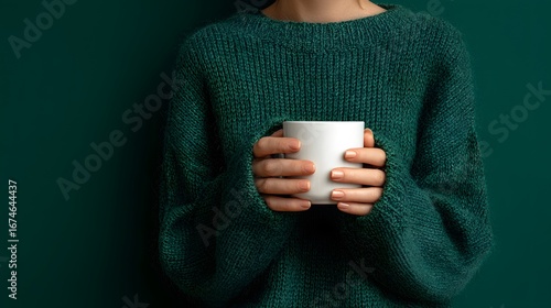 Cozy Woman in Green Sweater Holding White Coffee Mug