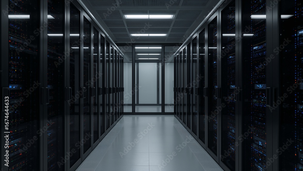 Fototapeta premium Illuminating LED panel lights casting even light across data center corridor, with server racks