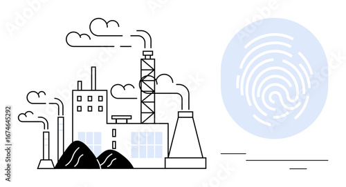 Factory emitting smoke with coal piles and fingerprint concept symbolizing industry, innovation, and sustainability. Ideal for environmental awareness, pollution, technology, industry analysis