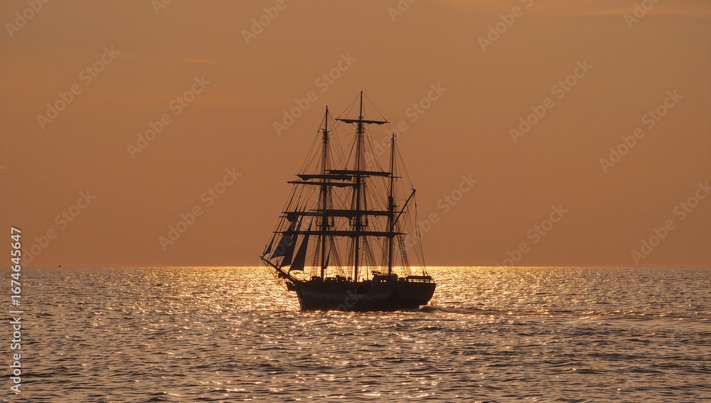 Obraz premium Gliding three-masted ship on calm open ocean under orange sunset sky, rigging and spars sparkling