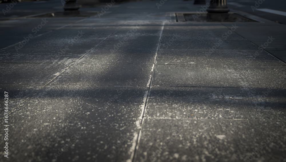 Fototapeta premium Sun-dappled city sidewalk, showing texture and shadows.