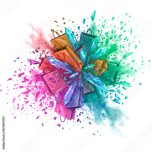 Surreal burst of rainbow liquid plumes intertwined with shattered shopping icons